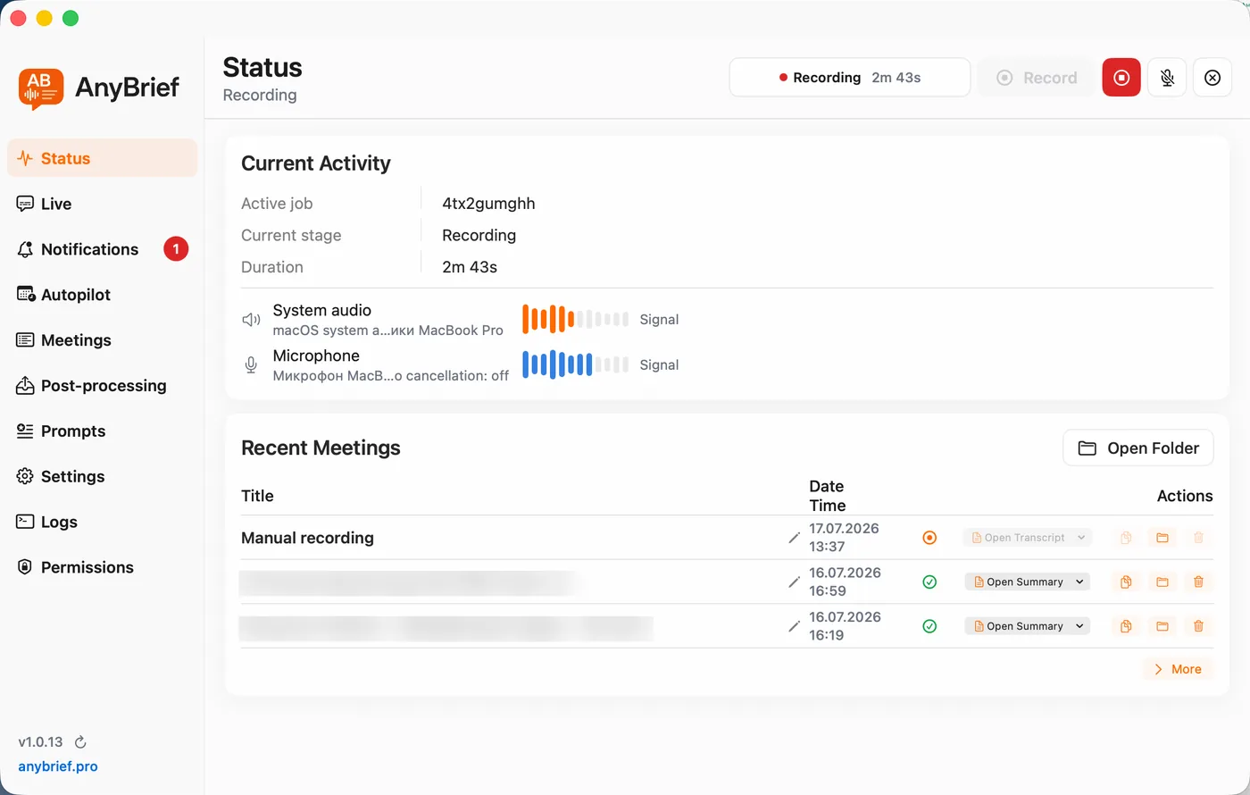AnyBrief Status screen: active recording and recent meetings