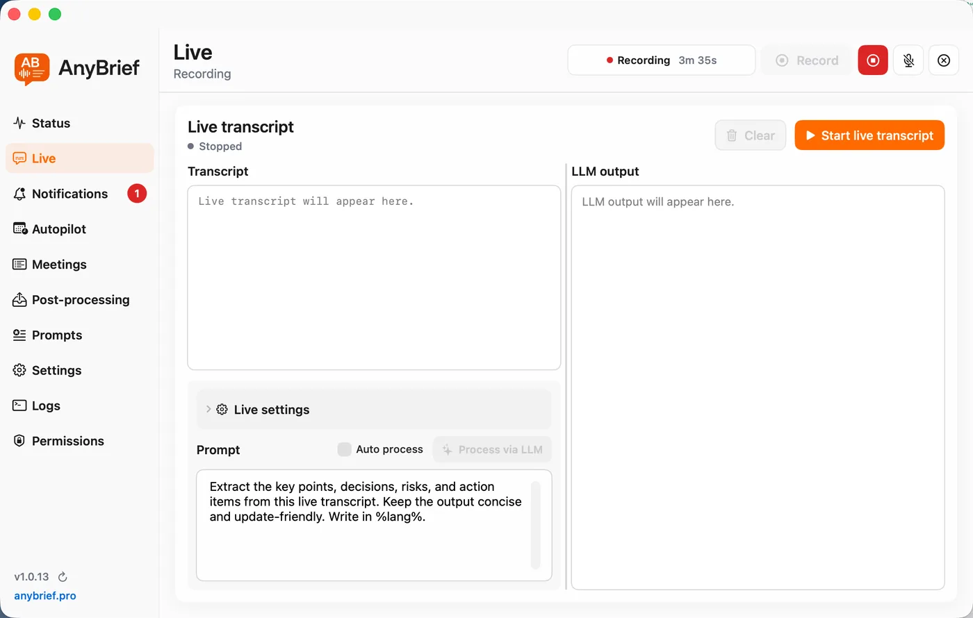 AnyBrief Live screen: live transcript and LLM output during the call