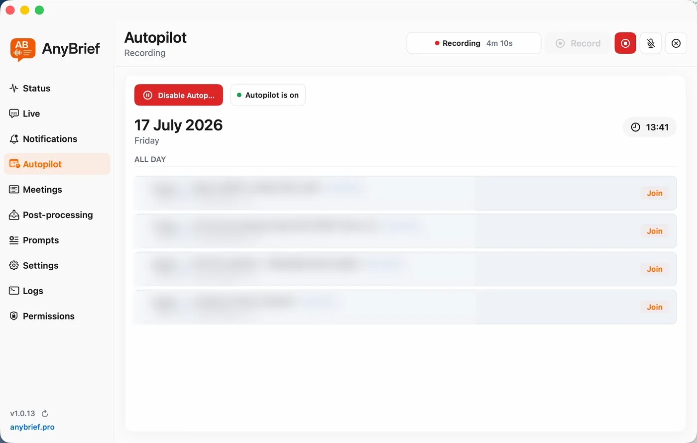 AnyBrief Autopilot screen: today's meeting schedule with a Join button