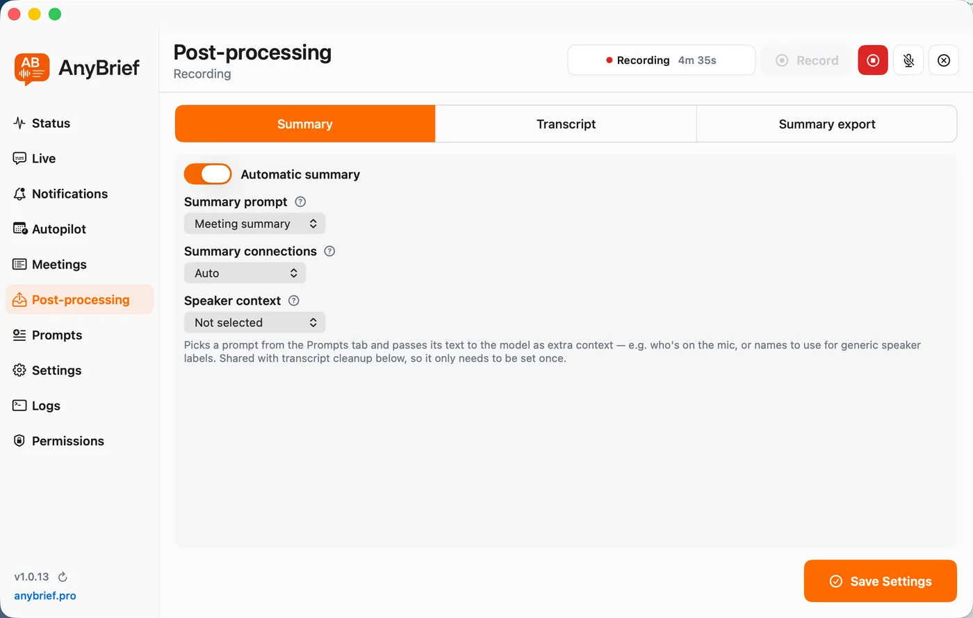 AnyBrief Post-processing screen: automatic summary settings