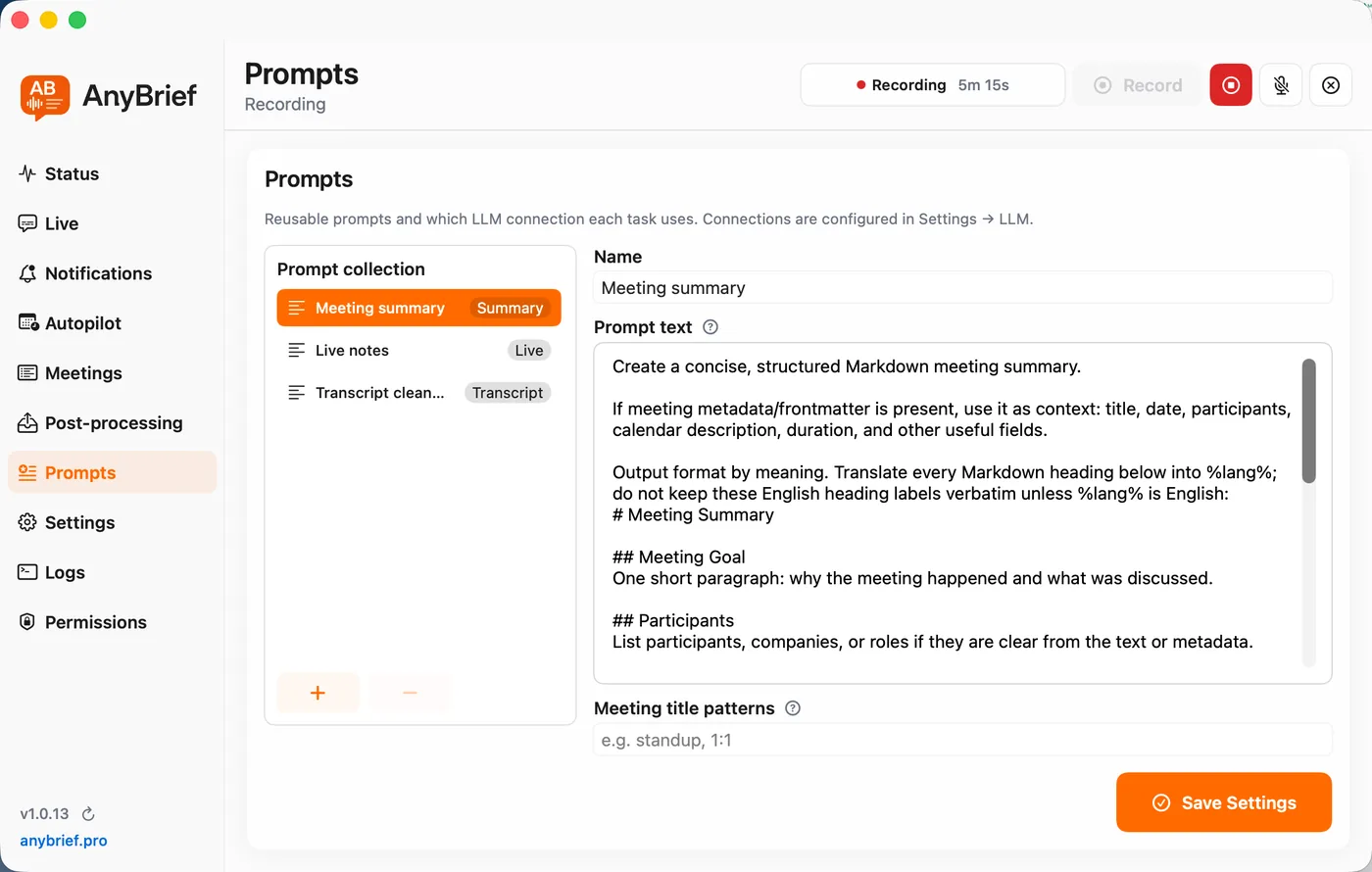 AnyBrief Prompts screen: reusable prompt library for summary, Live and transcript cleanup