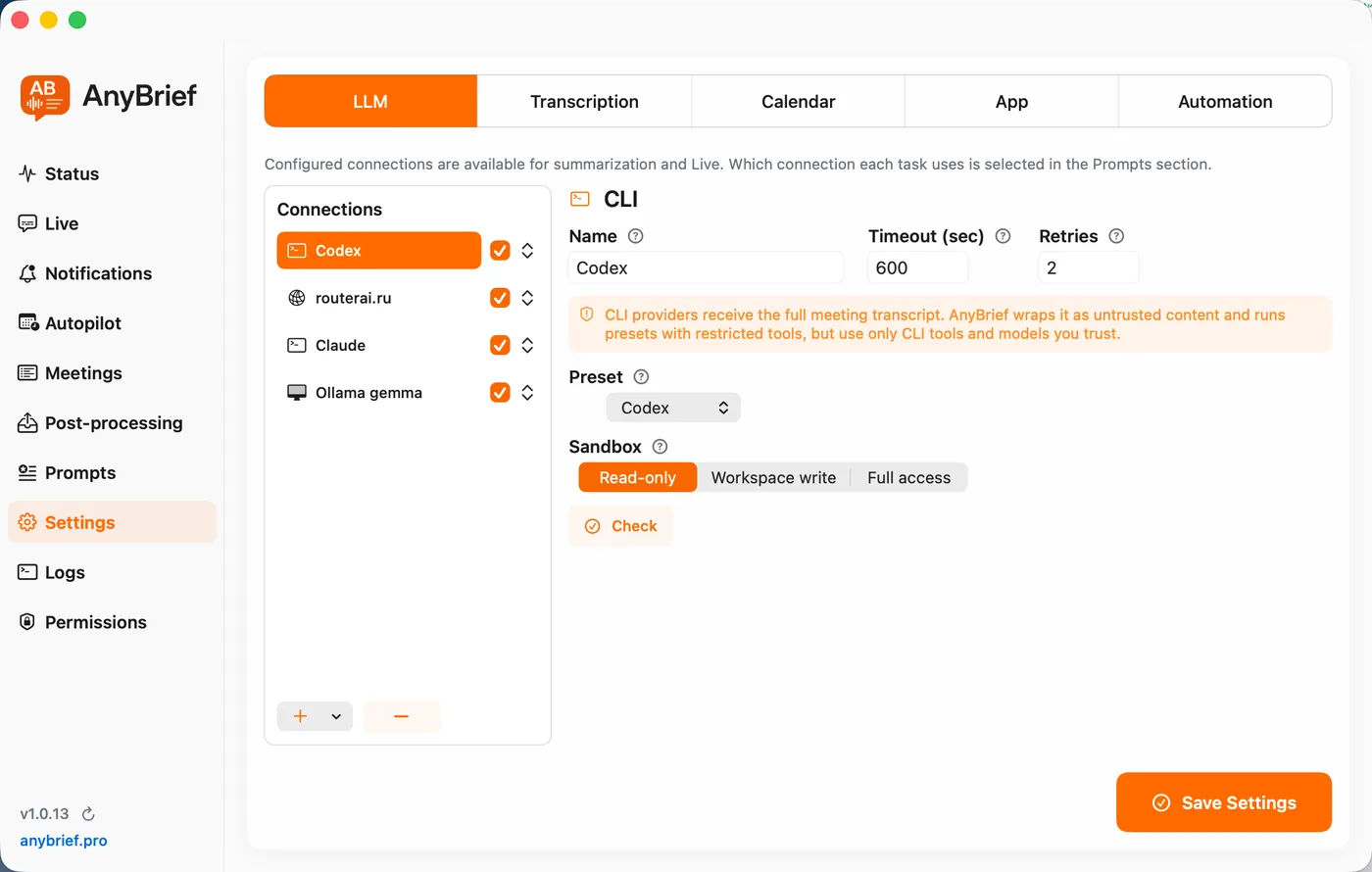 AnyBrief Settings → LLM screen: connection pool of CLI, Ollama and OpenAI-compatible APIs