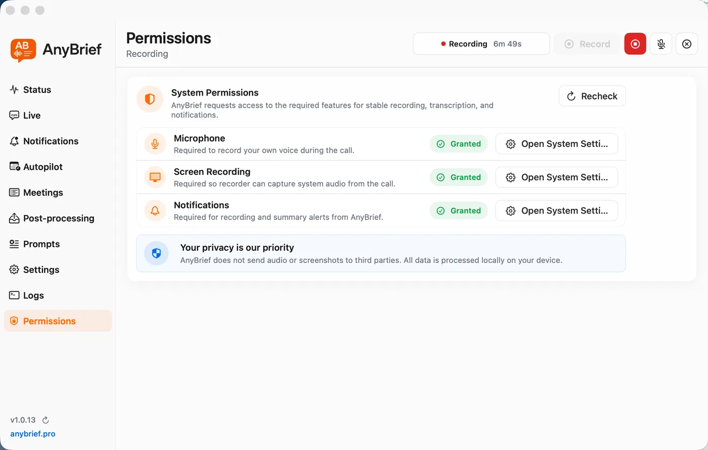 AnyBrief Permissions screen: system permission status